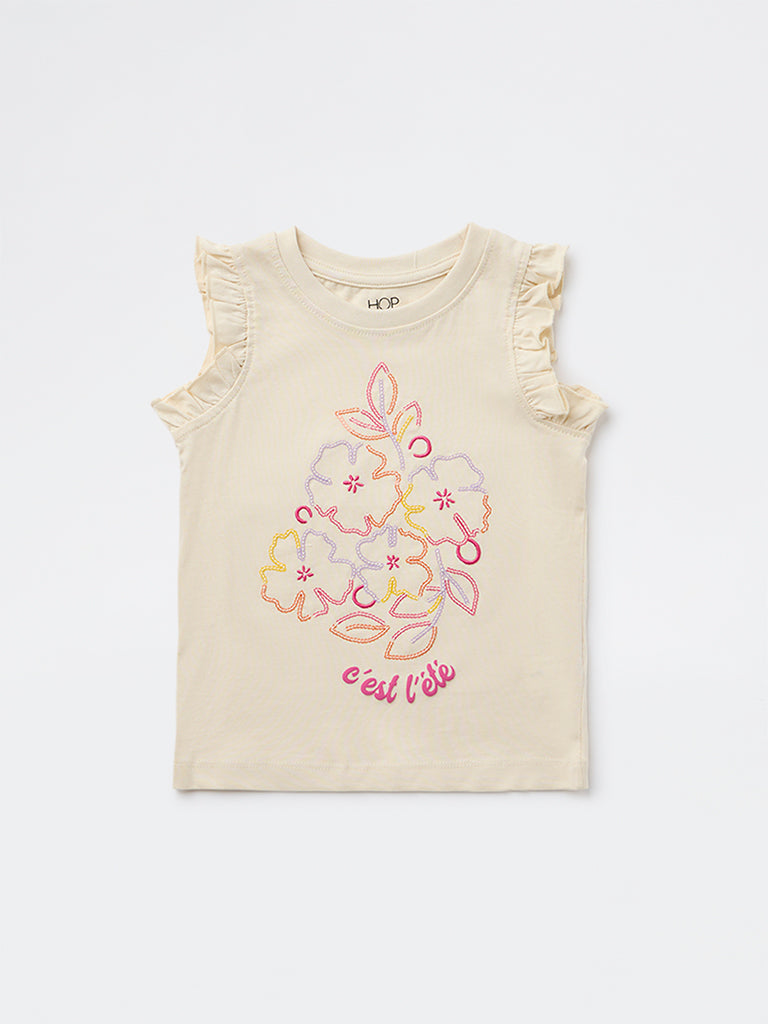 HOP Kids Girls Beige Floral Embroidered Cotton Top