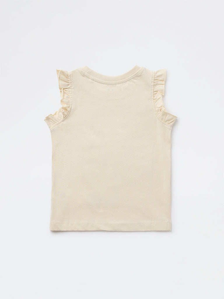 HOP Kids Girls Beige Floral Embroidered Cotton Top