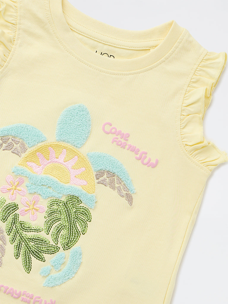 HOP Kids Girls Yellow Embroidered Cotton Top