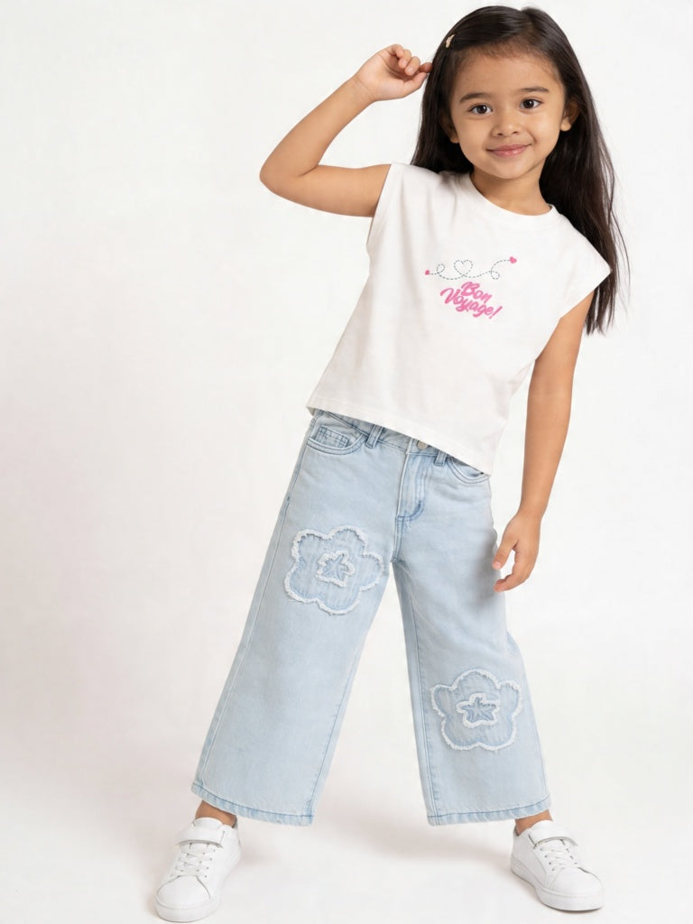 HOP Kids Girls Blue Floral High-Rise Relaxed-Fit Jeans
