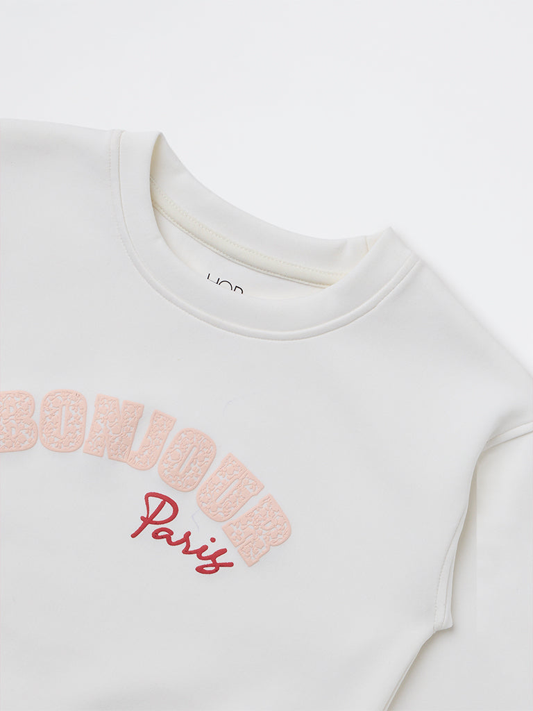 HOP Kids Girls White Text Printed Sweatshirt