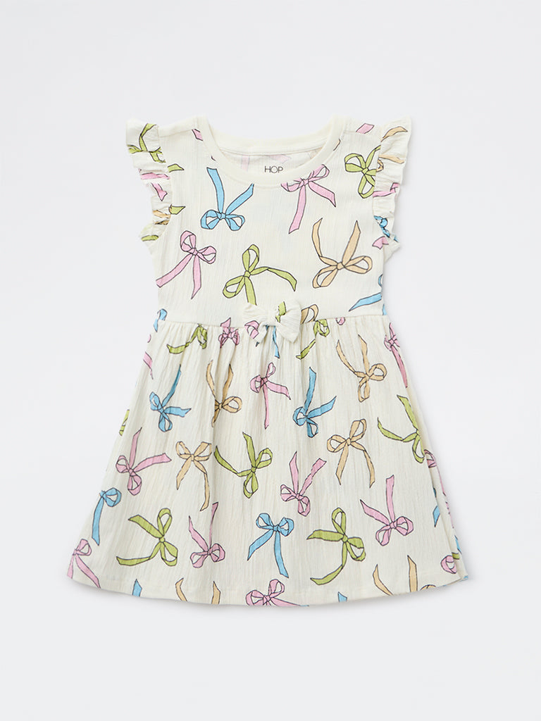 HOP Kids Girls White Bow Printed A-Line Cotton-Blend Dress