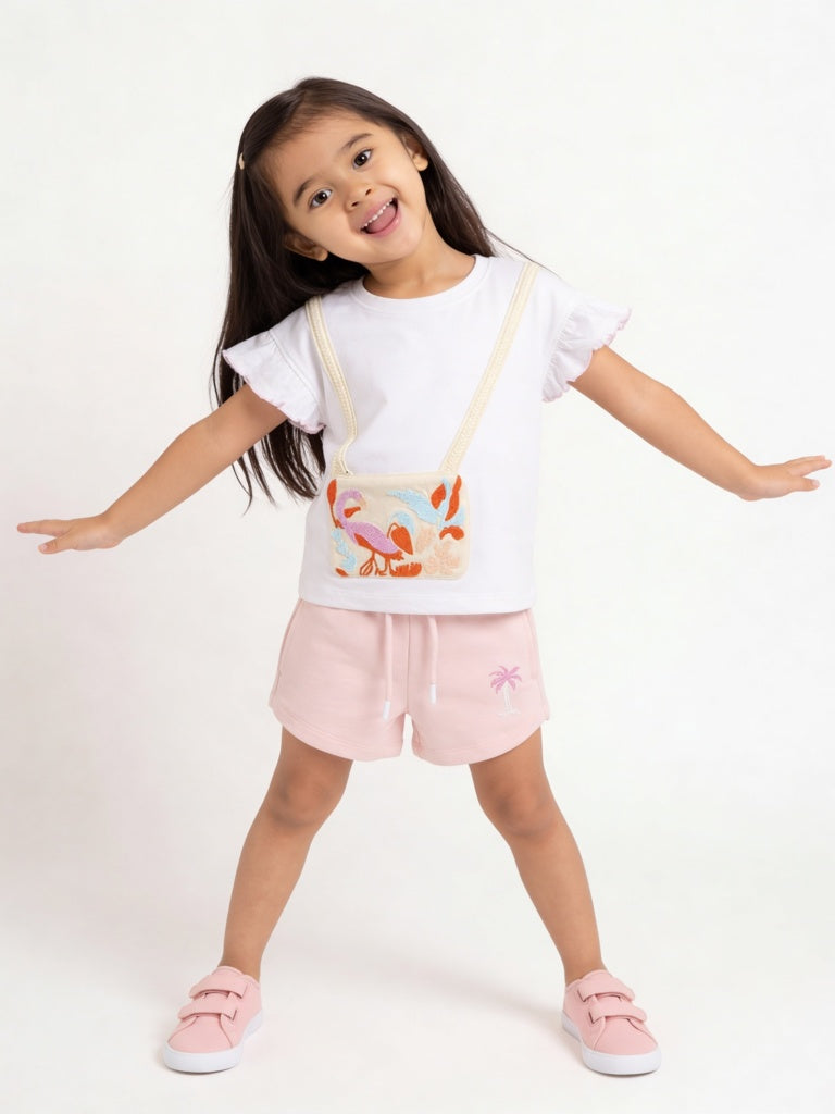 HOP Kids Girls White Pouch-Detailed Cotton Top