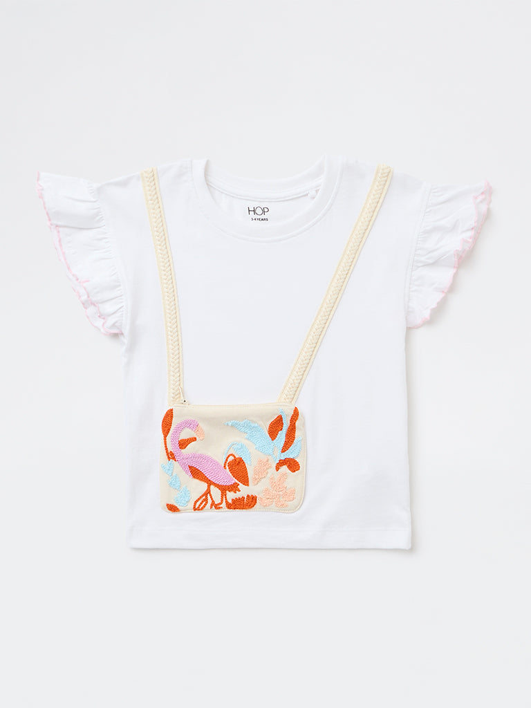 HOP Kids Girls White Pouch-Detailed Cotton Top