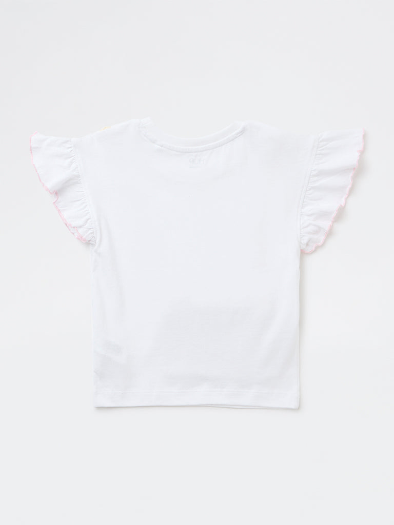 HOP Kids Girls White Pouch-Detailed Cotton Top