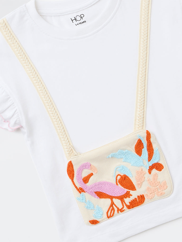 HOP Kids Girls White Pouch-Detailed Cotton Top