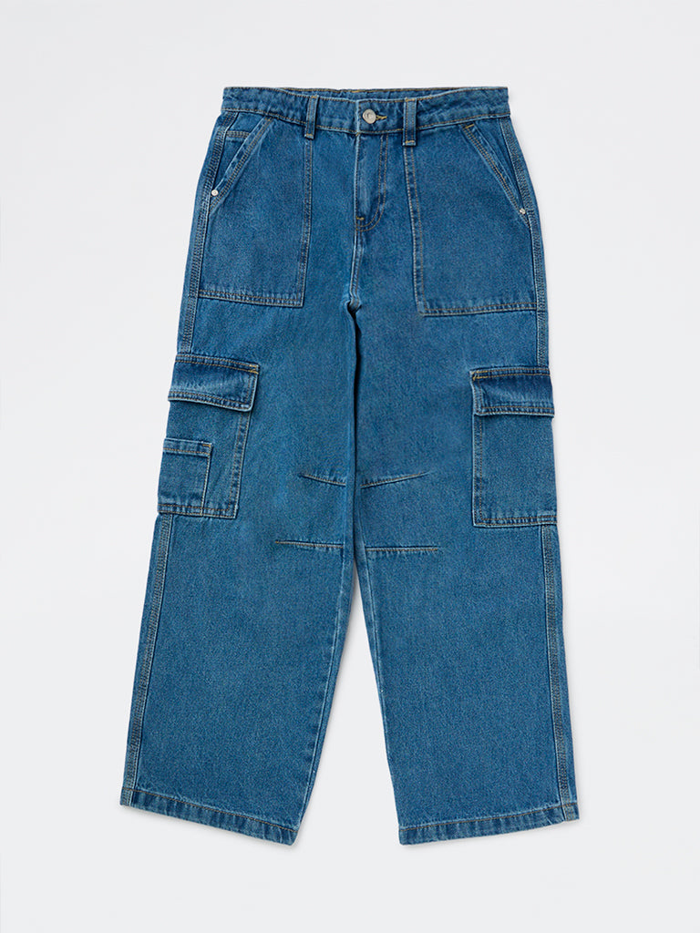 Boys Blue Mid-Wash Cargo-Style Mid-Rise Jeans