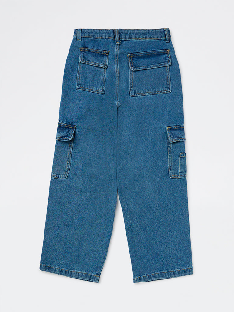 Boys Blue Mid-Wash Cargo-Style Mid-Rise Jeans