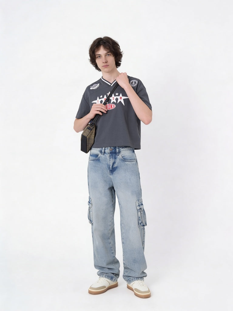 Boys Light Blue Cargo Pocket Skater-Fit Jeans