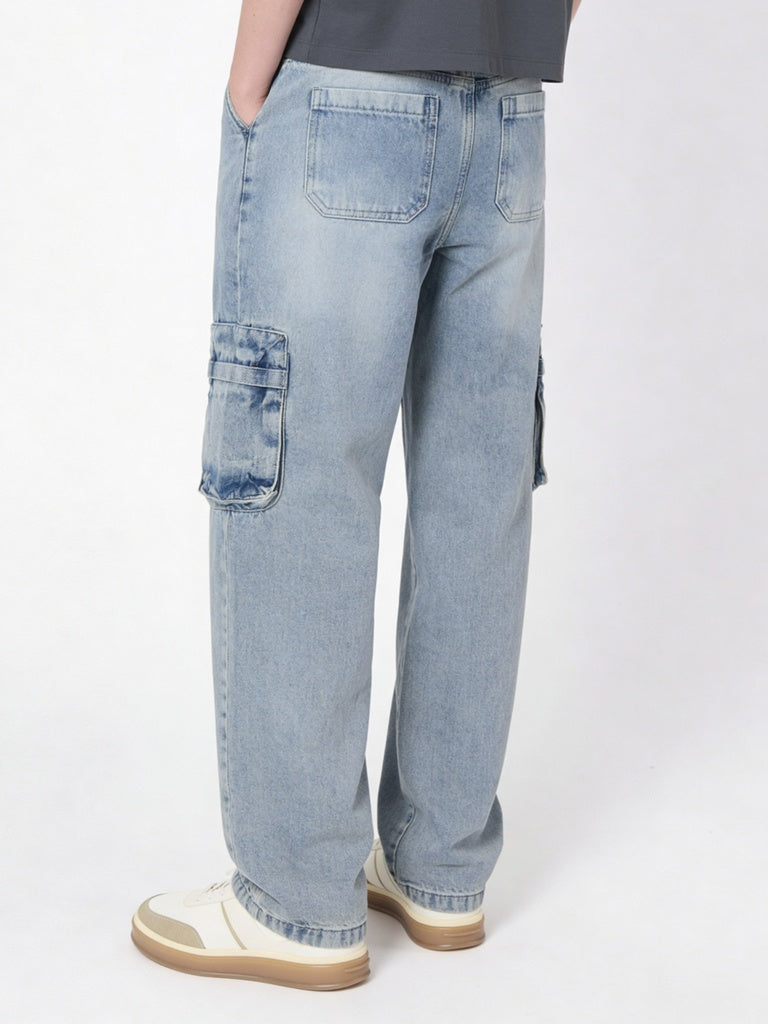 Boys Light Blue Cargo Pocket Skater-Fit Jeans