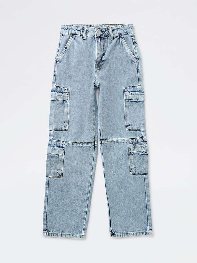 Boys Light Blue Washed Cargo Jeans