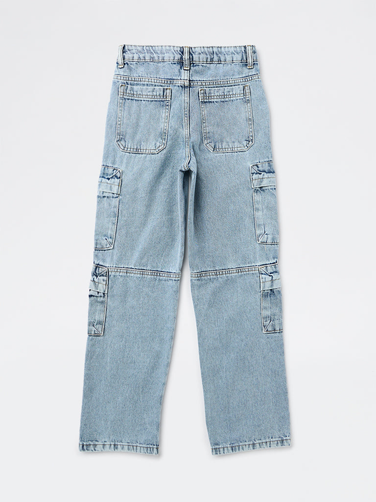 Boys Light Blue Washed Cargo Jeans