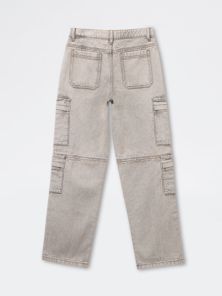 Boys Light Grey Mid-Rise Relaxed-Fit Jeans