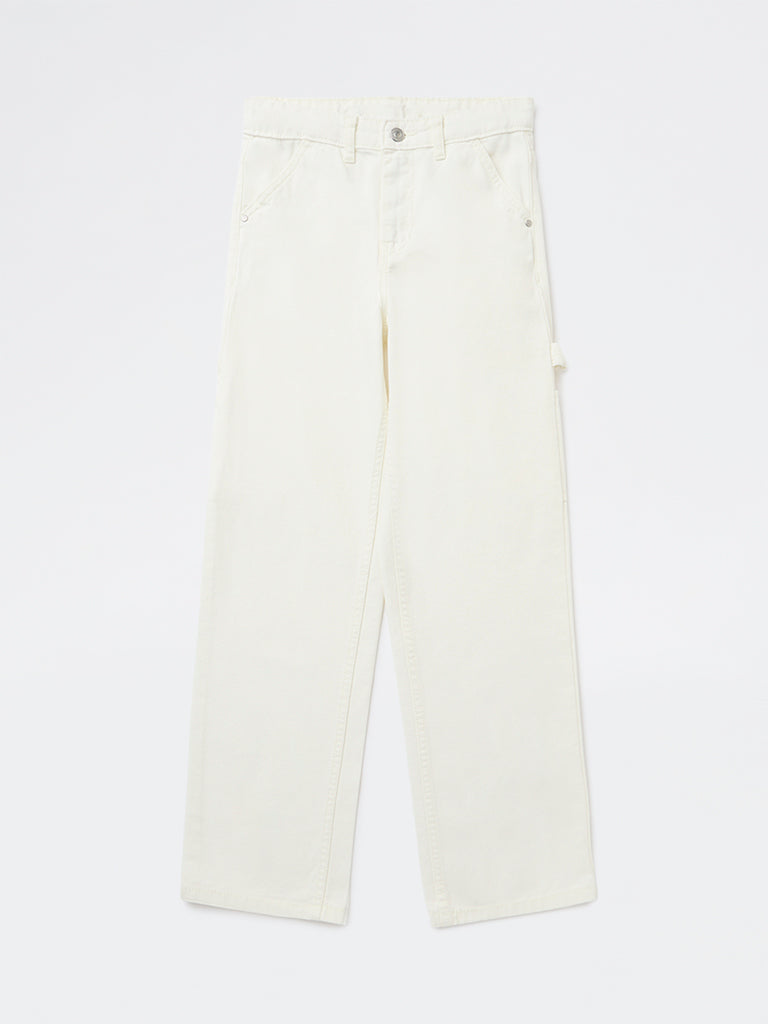 Boys Off-White Solid Mid-Rise Denim Trousers