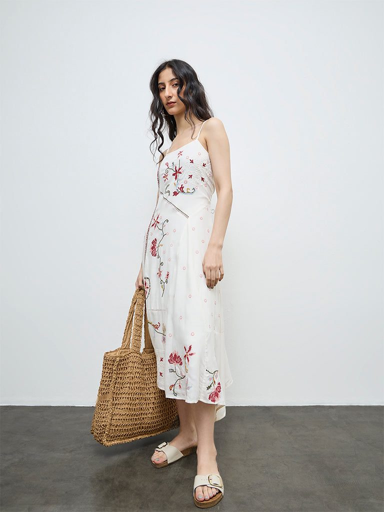 Bombay Paisley Off-White Floral Embroidered A-Line Dress