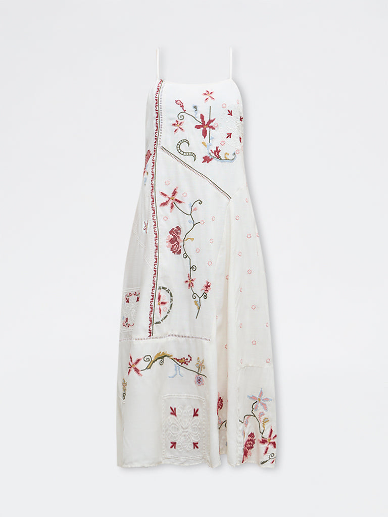Bombay Paisley Off-White Floral Embroidered A-Line Dress