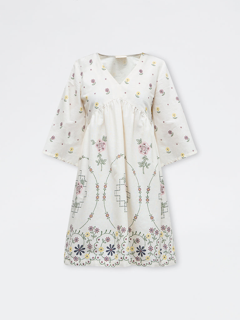 Bombay Paisley Off-White Floral Cotton-Blend A-Line Dress