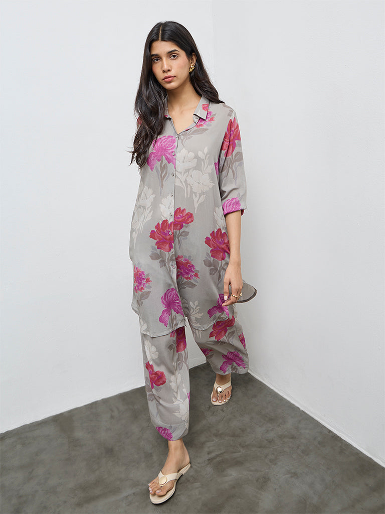 Utsa Grey Floral Pattern A-Line Kurta
