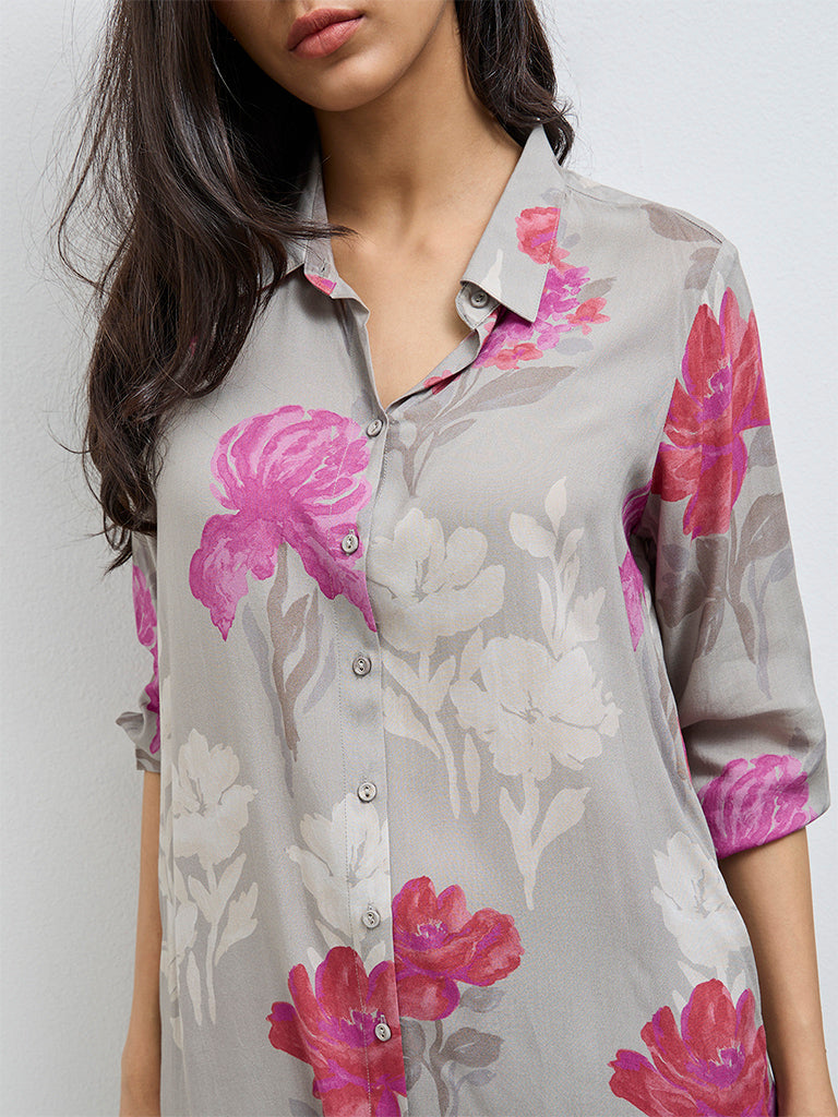 Utsa Grey Floral Pattern A-Line Kurta