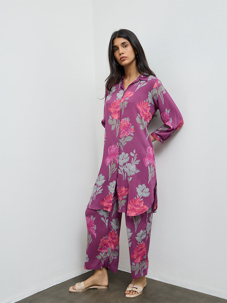 Utsa Purple Floral Straight Kurta