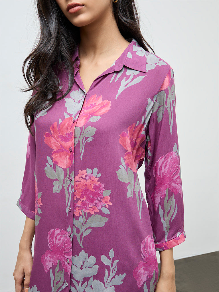 Utsa Purple Floral Straight Kurta