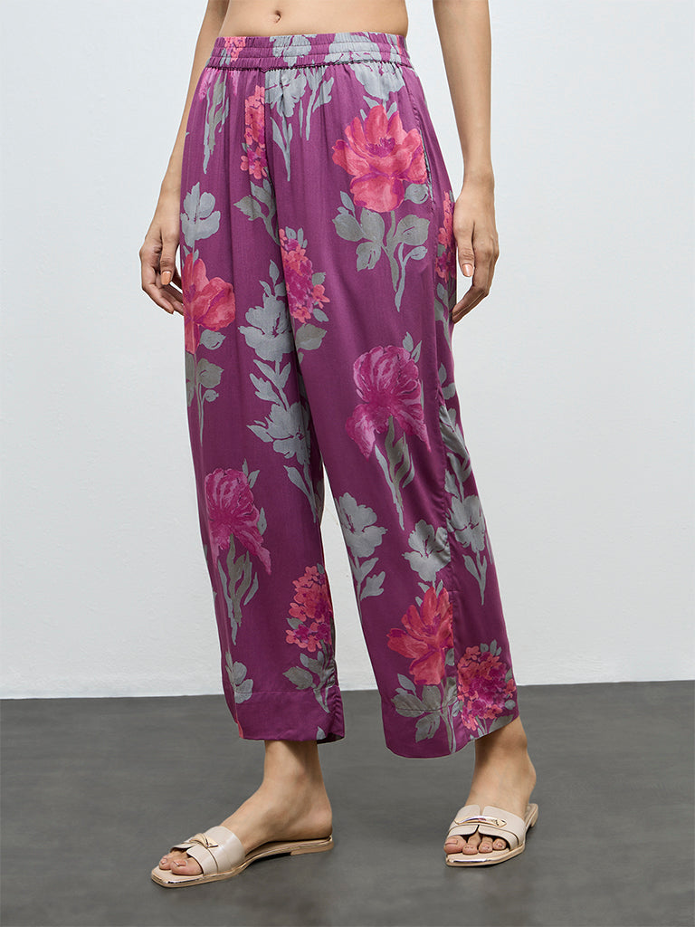 Utsa Purple Floral Printed Pants