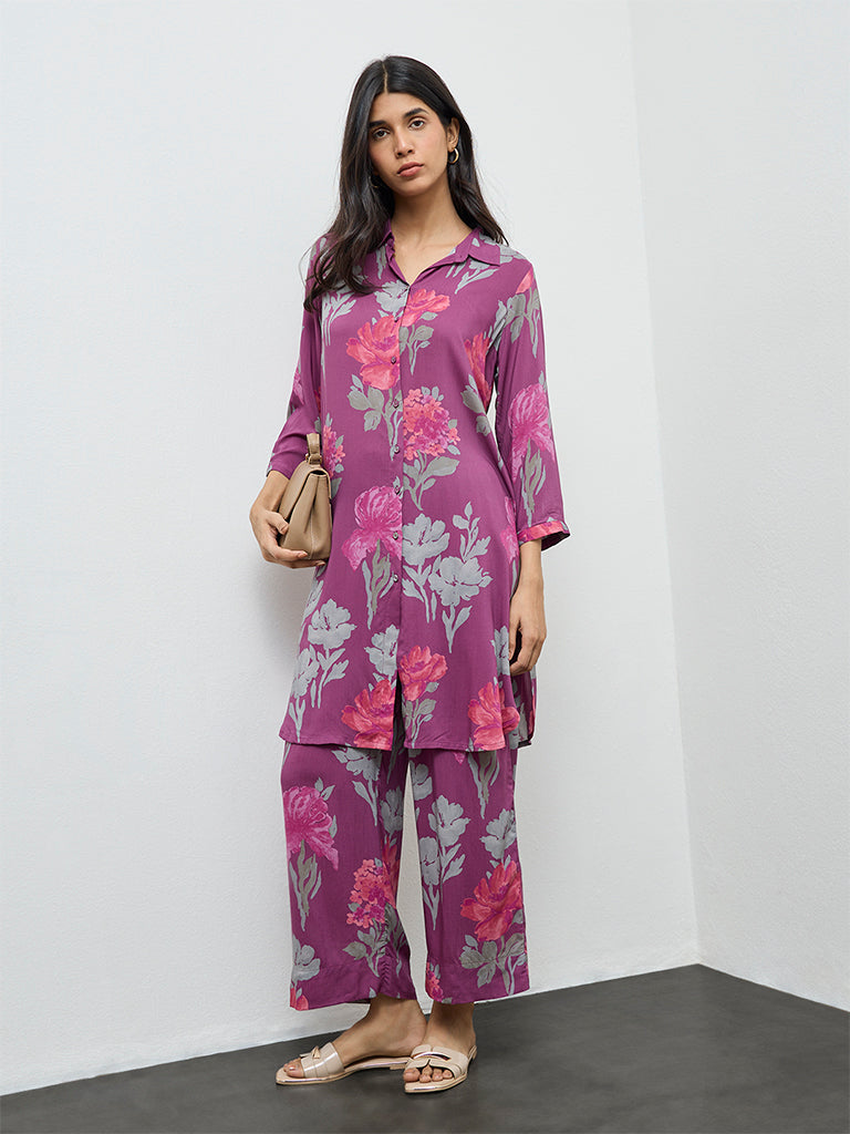 Utsa Purple Floral Printed Pants