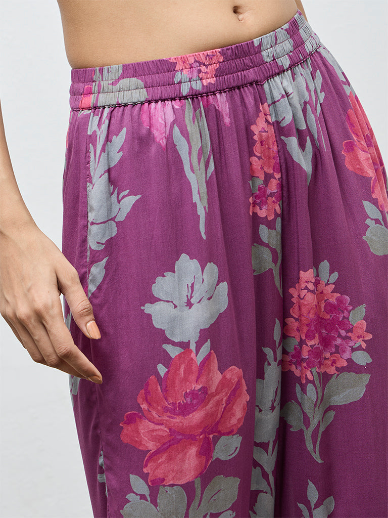 Utsa Purple Floral Printed Pants