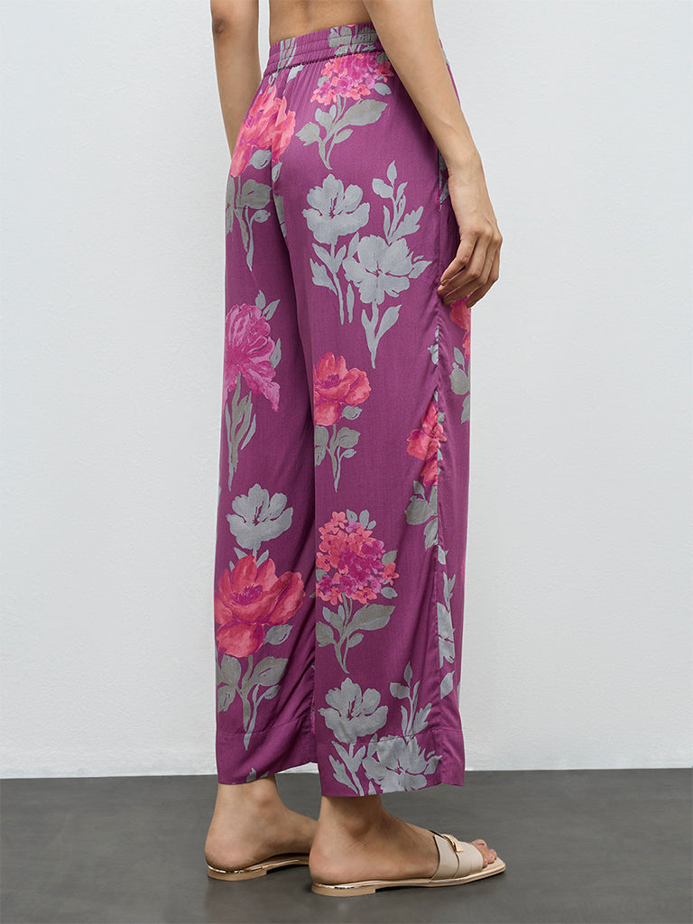 Utsa Purple Floral Printed Pants