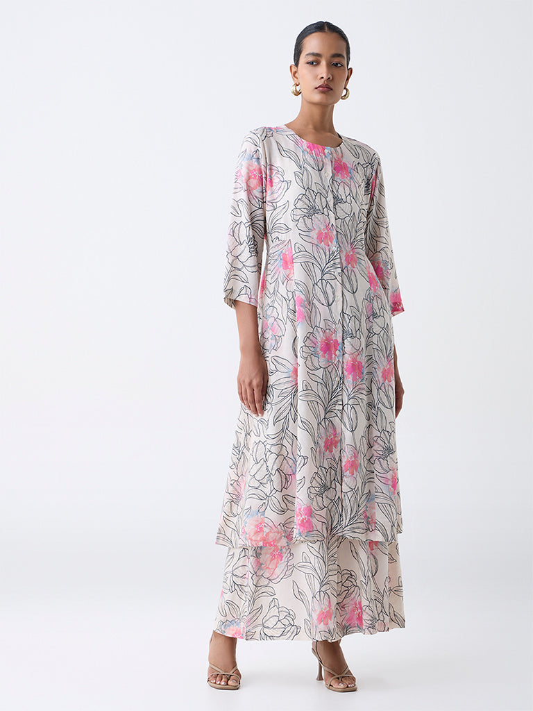 Zuba Off-White Floral Pattern Pants