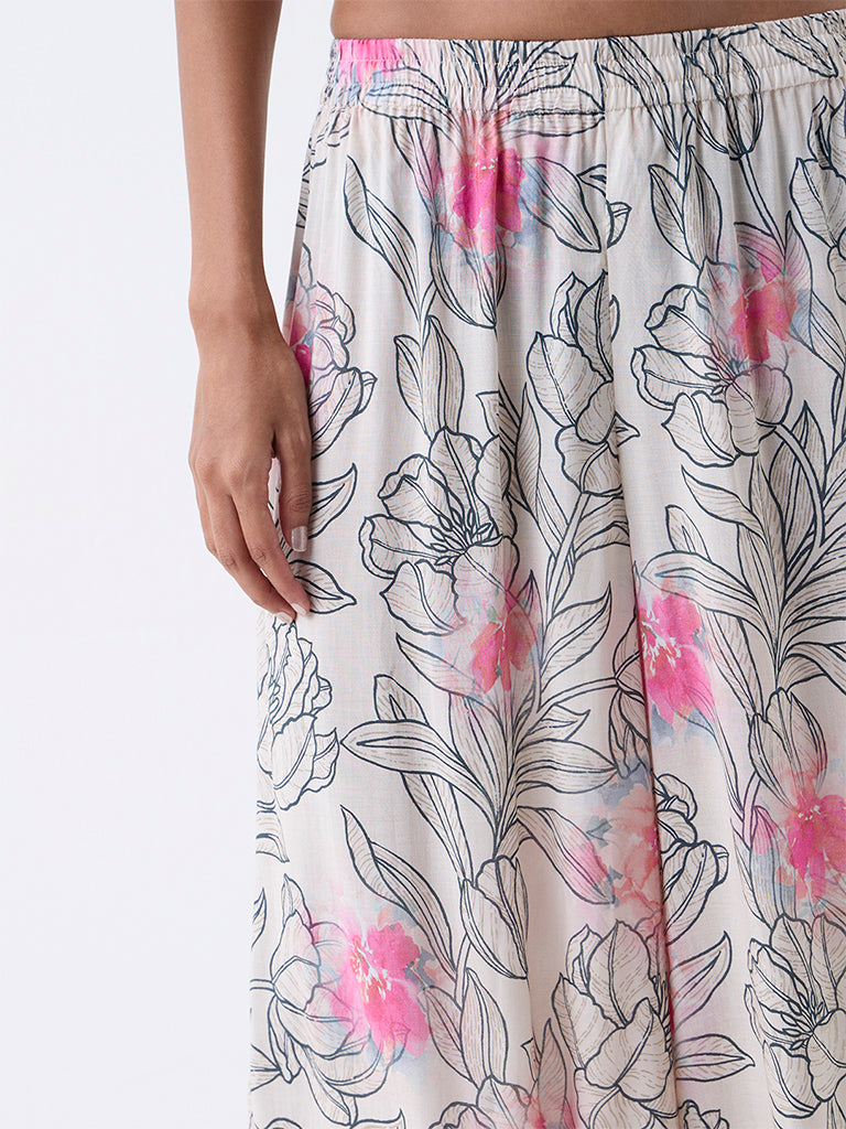 Zuba Off-White Floral Pattern Pants