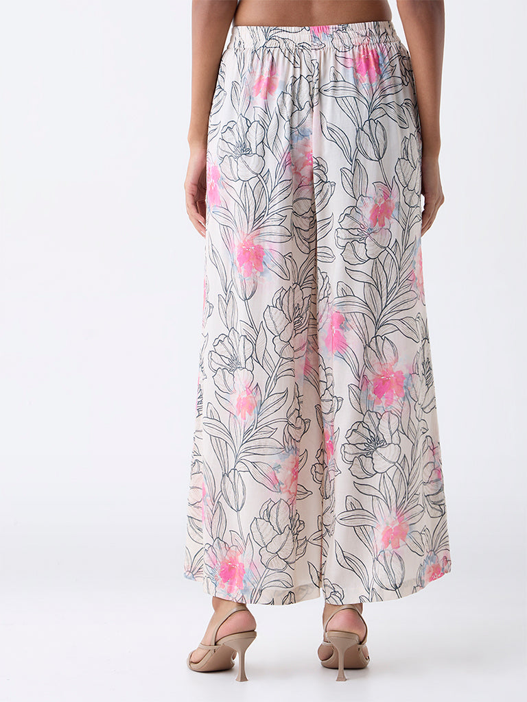 Zuba Off-White Floral Pattern Pants