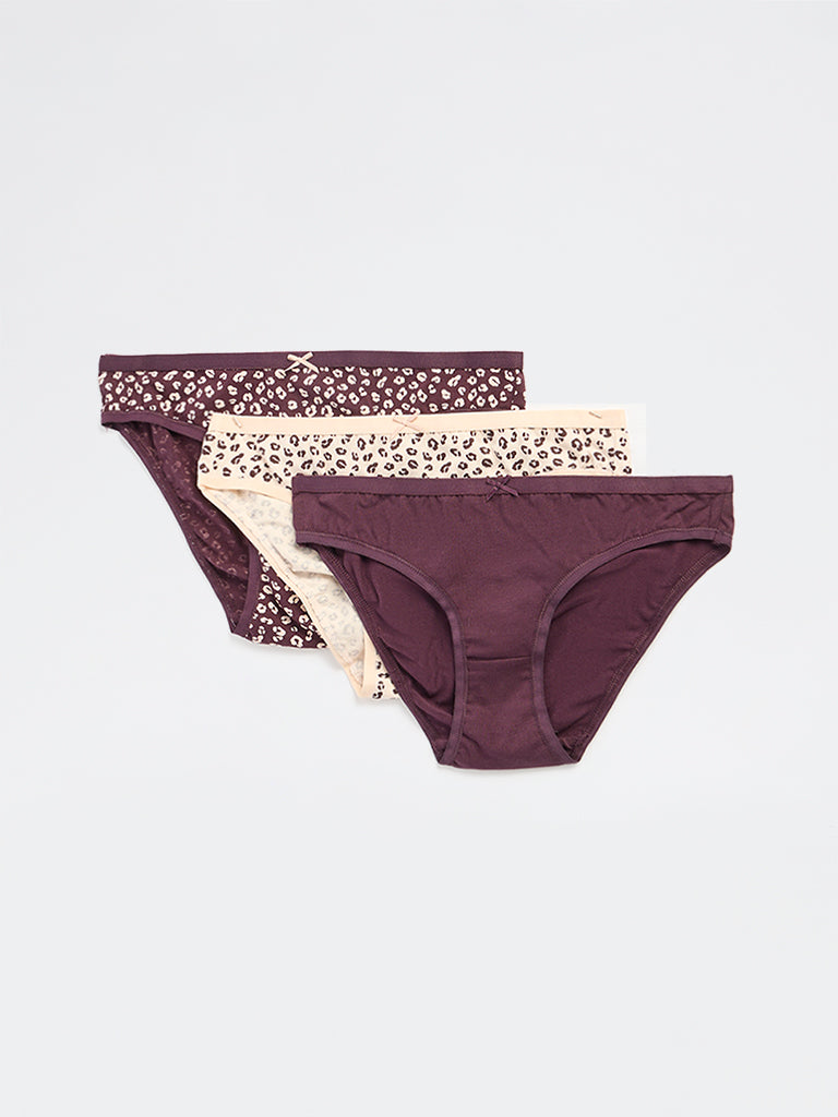 Wunderlove Dark Brown Printed Cotton-Blend Bikini Briefs - Pack of 3