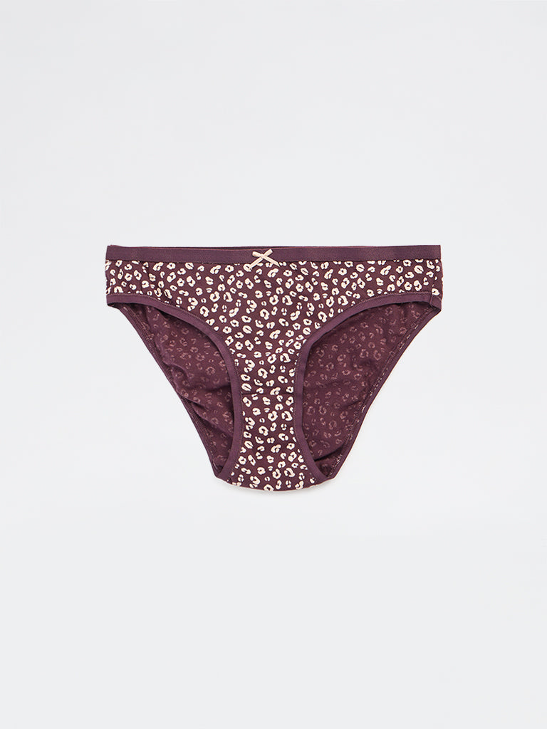 Wunderlove Dark Brown Printed Cotton-Blend Bikini Briefs - Pack of 3