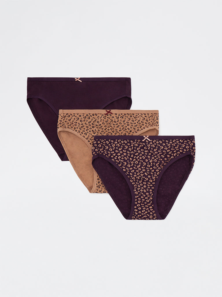 Wunderlove Brown Animal Printed Hi-Leg Cotton-Blend Briefs - Pack of 3