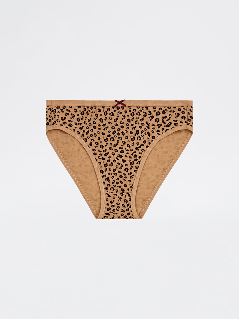 Wunderlove Brown Animal Printed Hi-Leg Cotton-Blend Briefs - Pack of 3
