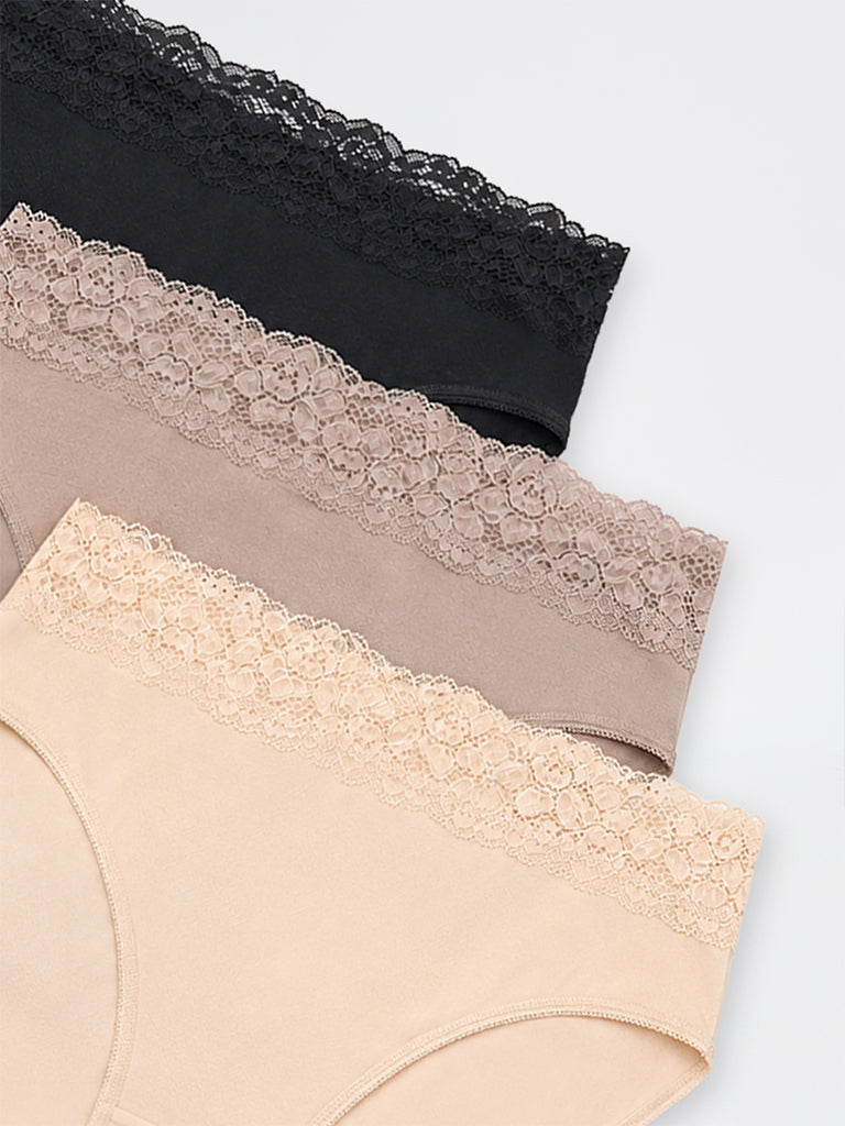 Wunderlove Black Lace-Detail Hi-Leg Cotton-Blend Briefs - Pack of 3