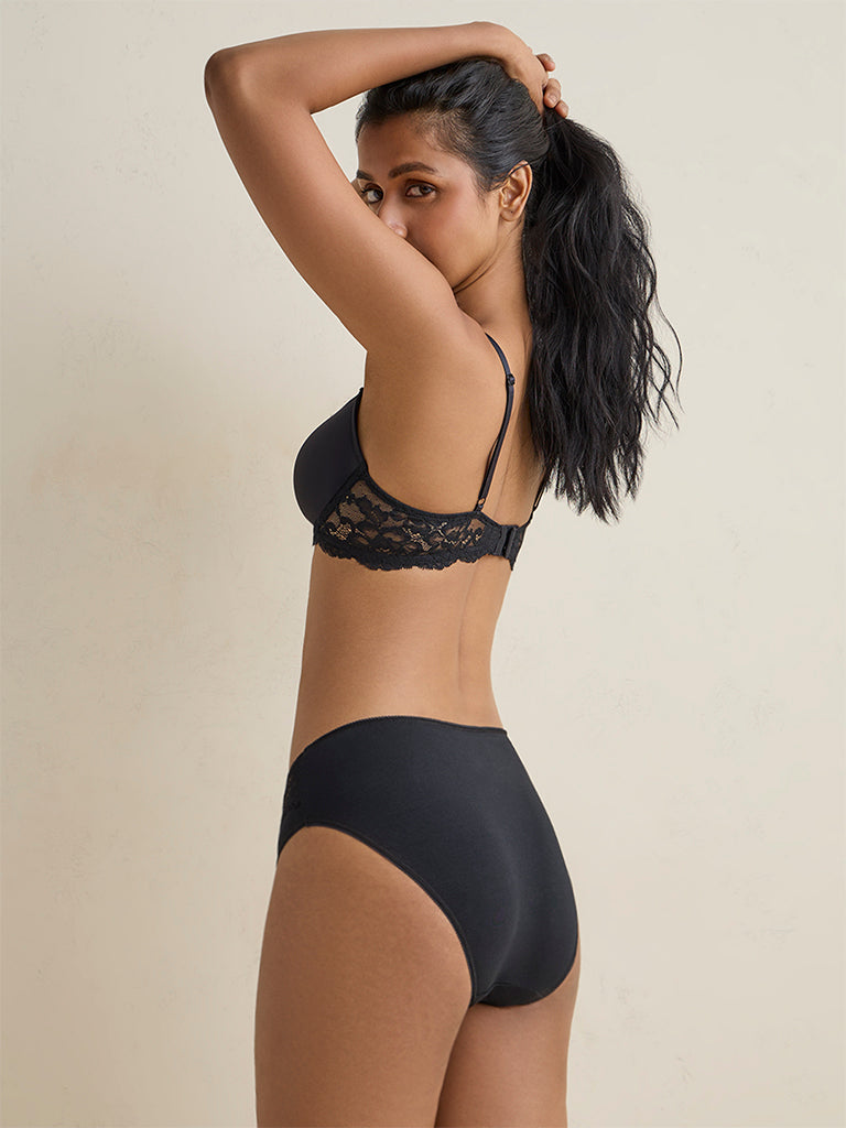 Wunderlove Black Lace-Detail Hi-Leg Cotton-Blend Briefs - Pack of 3