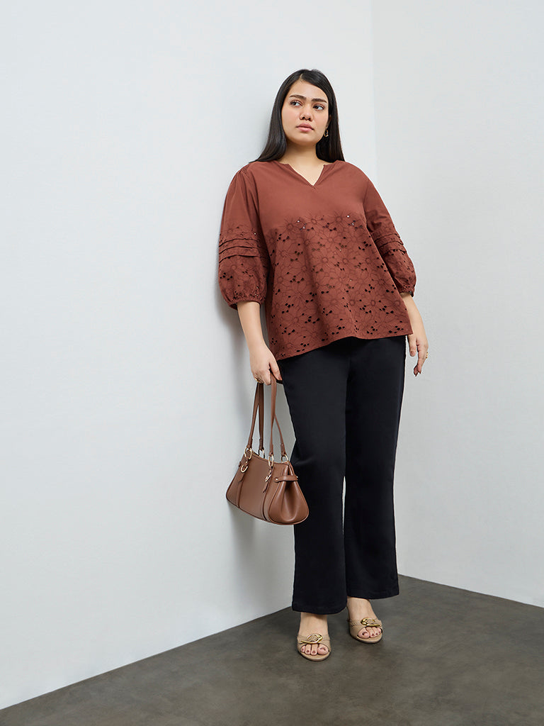Gia Brown Schiffli Embroidered Cotton Blouse