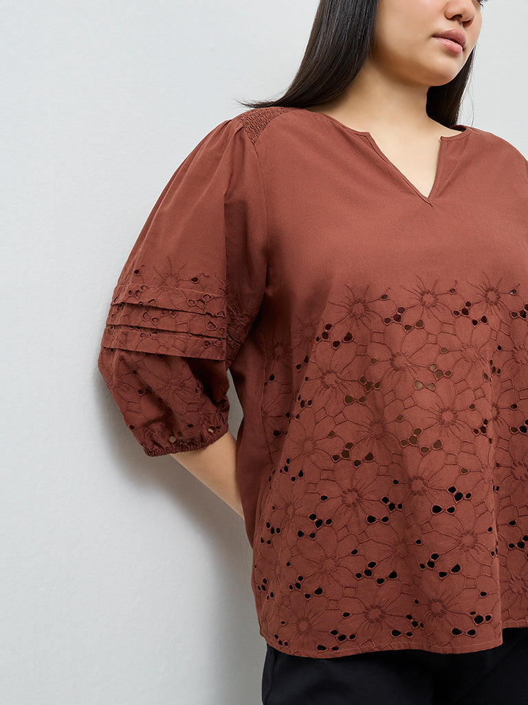 Gia Brown Schiffli Embroidered Cotton Blouse