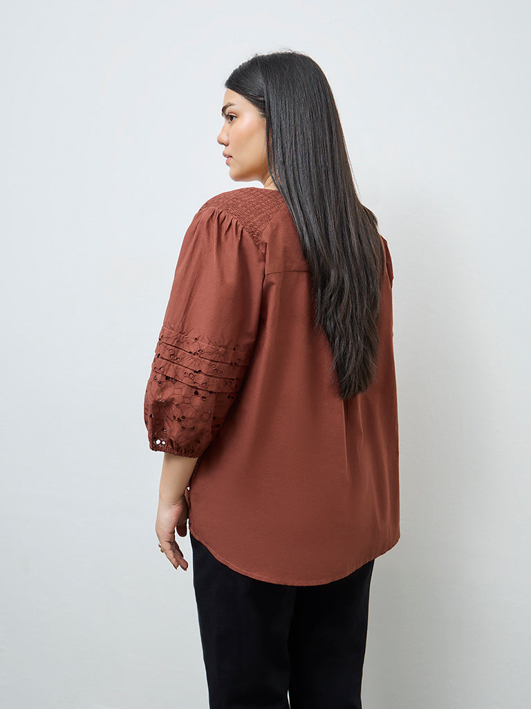 Gia Brown Schiffli Embroidered Cotton Blouse