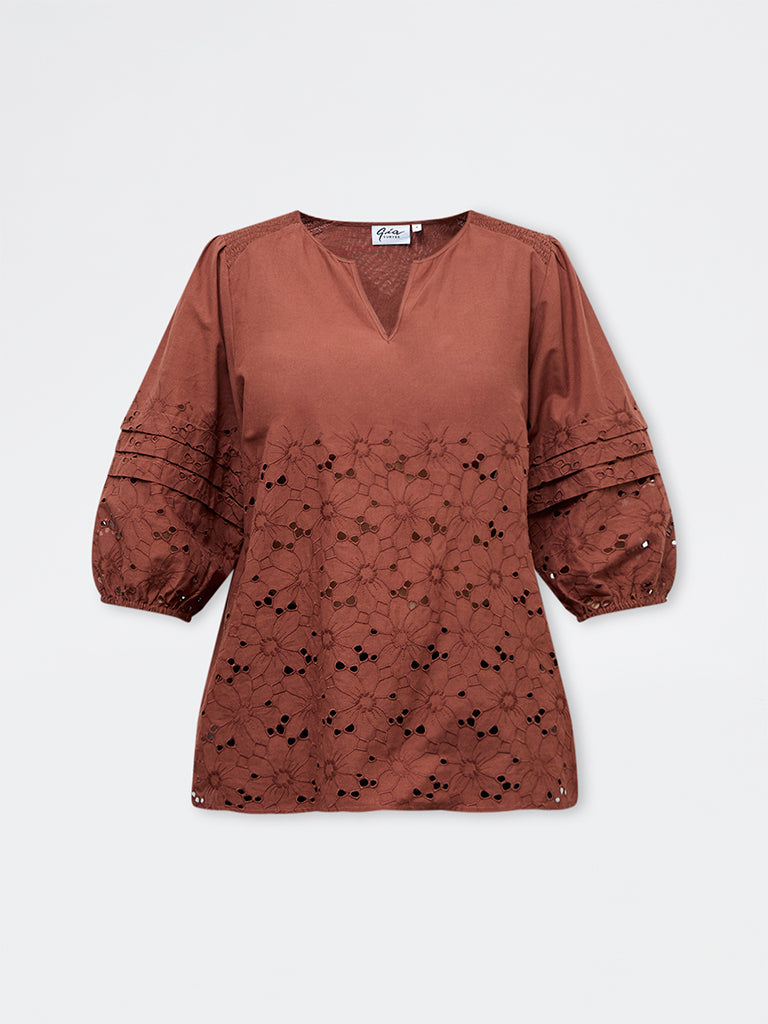 Gia Brown Schiffli Embroidered Cotton Blouse