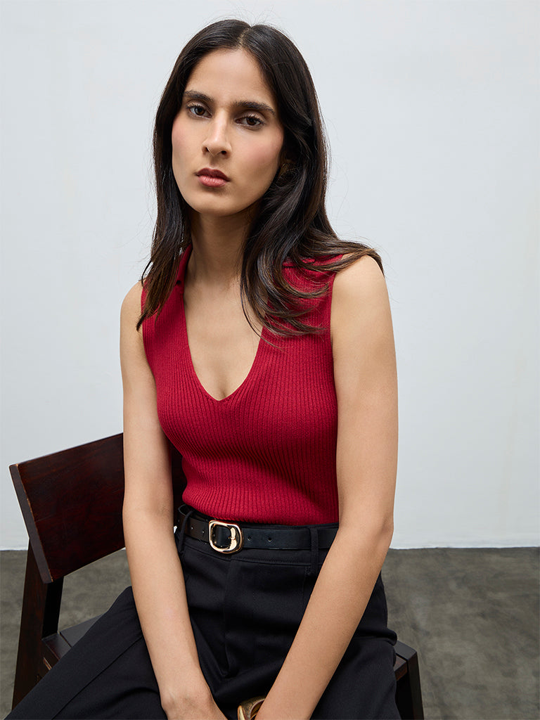 Wardrobe Red Ribbed-Textured Top