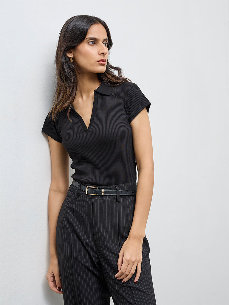 Wardrobe Black Ribbed Cotton-Blend T-Shirt