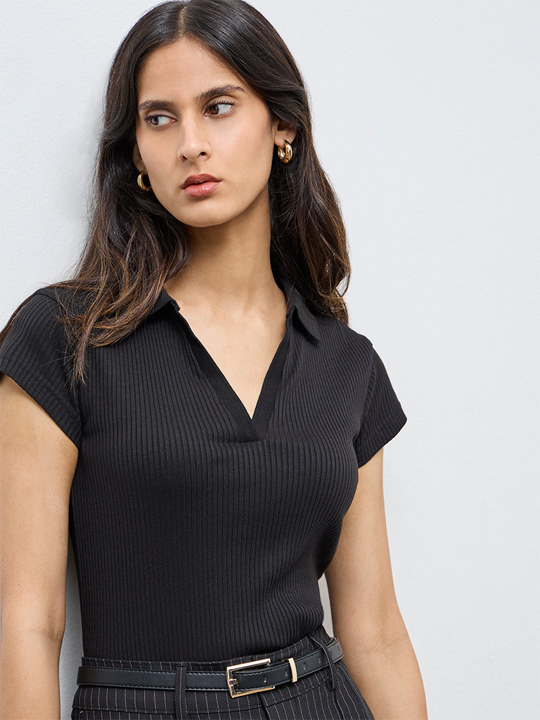 Wardrobe Black Ribbed Cotton-Blend T-Shirt