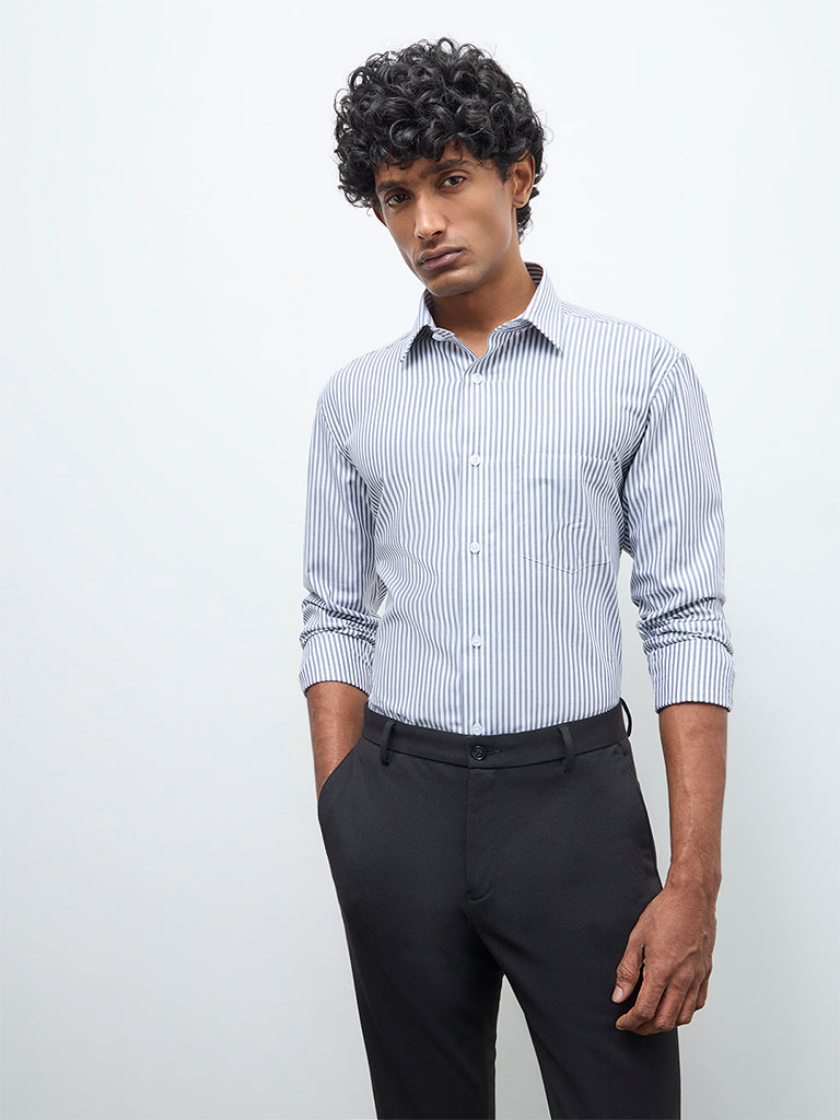 WES Formals Navy Striped Relaxed-Fit Cotton Shirt