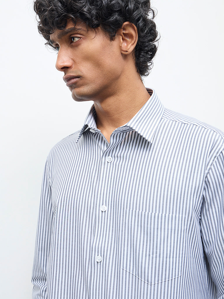 WES Formals Navy Striped Relaxed-Fit Cotton Shirt