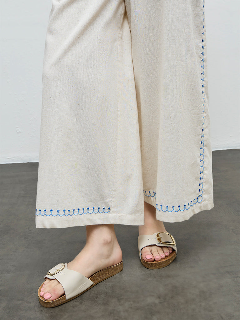 Bombay Paisley Off-White Embroidered Cotton-Blend Palazzos