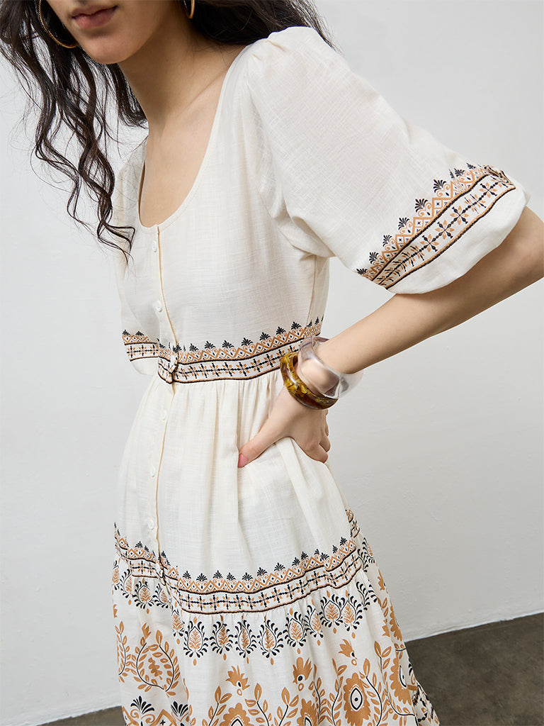 Buy Bombay Paisley Off-White Printed Cotton A-Line Dress from Westside
