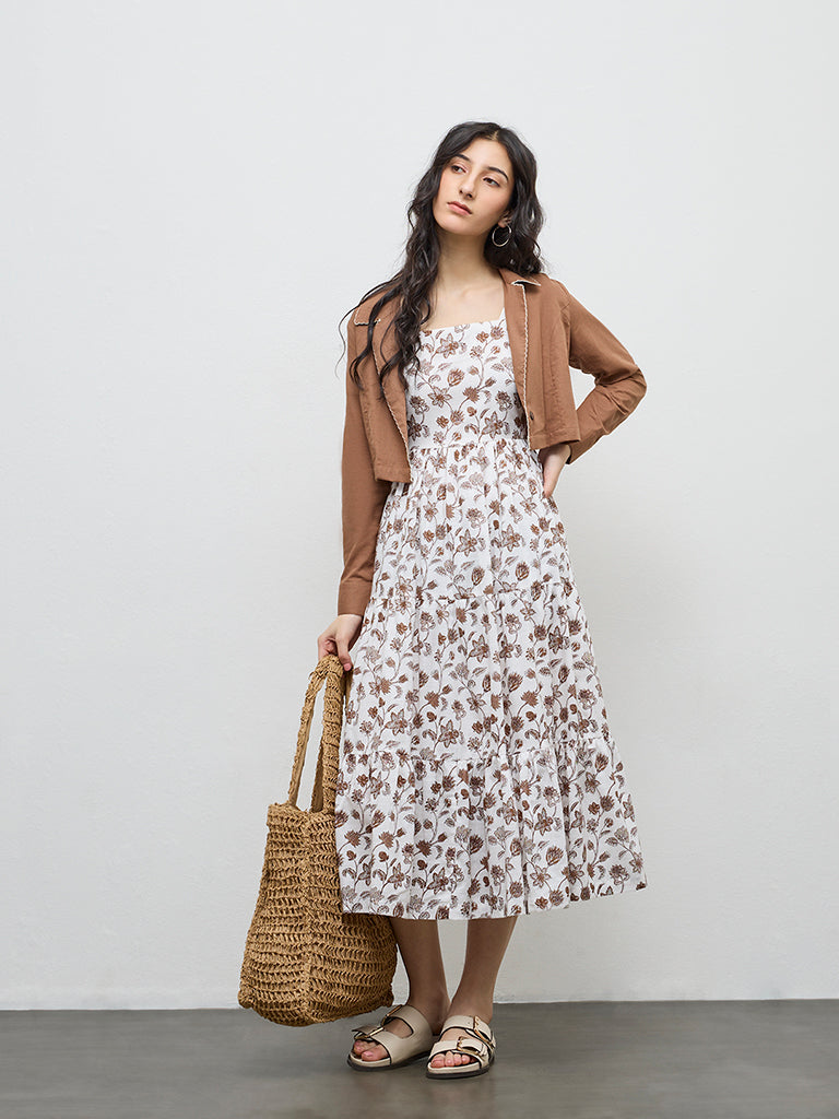 Bombay Paisley Brown Floral Cotton Tiered Dress with Jacket